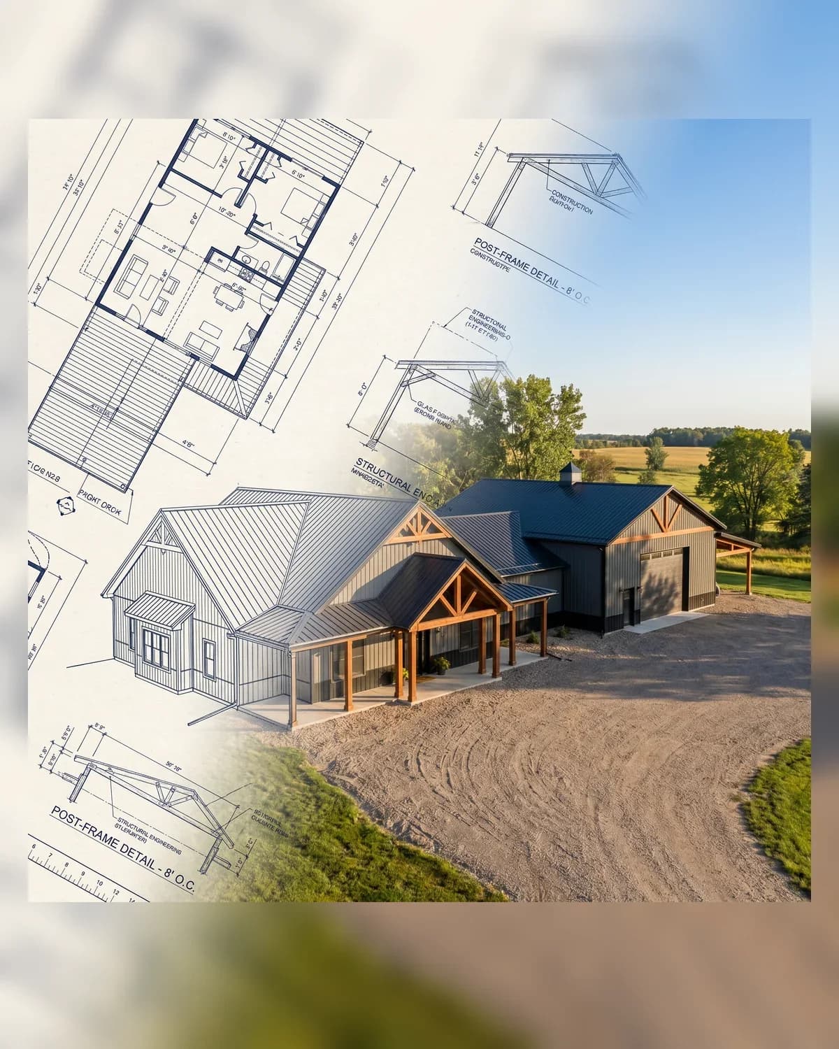 Blueprint transitioning into a finished Sherman Buildings project — portrait composition representing our values