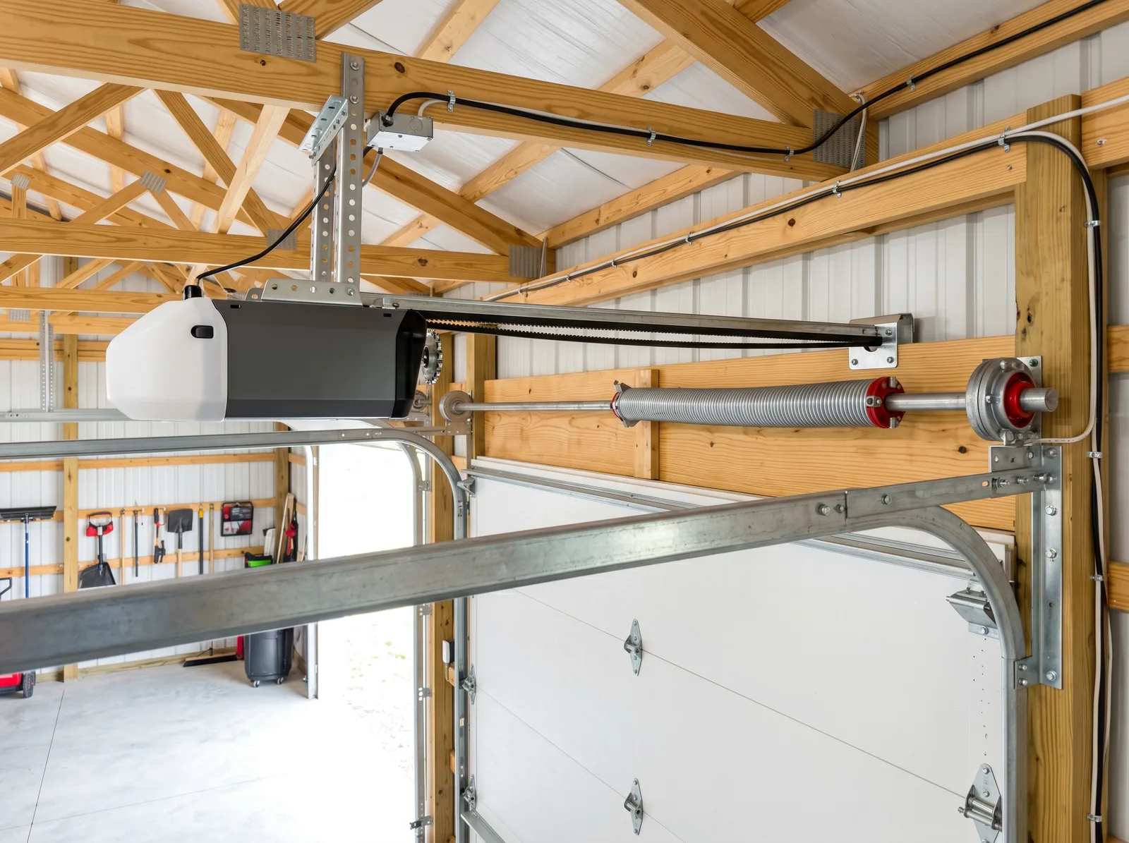 Newly installed garage door opener inside a pole barn
