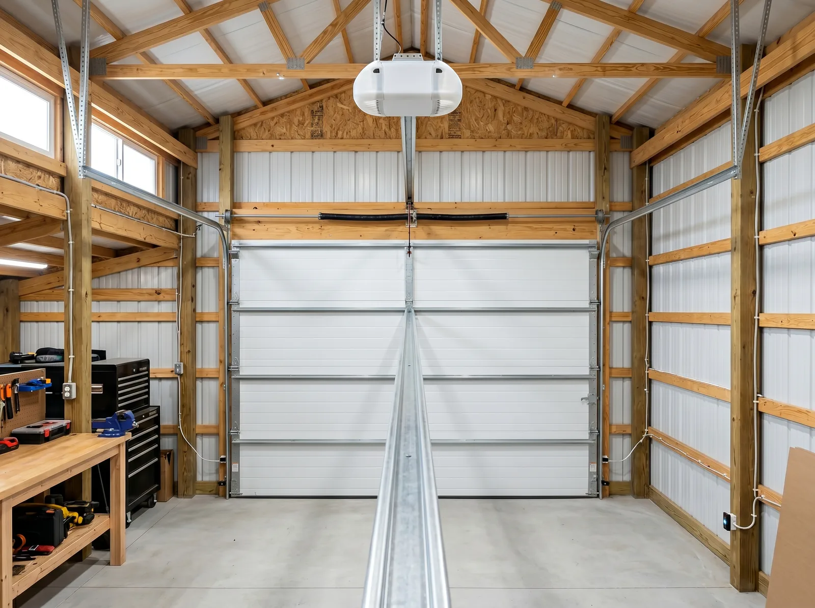 Newly installed garage door opener inside a pole barn — motor and rail view