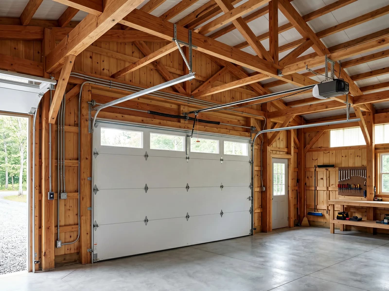 Newly installed garage door opener inside a pole barn — mounted to ceiling
