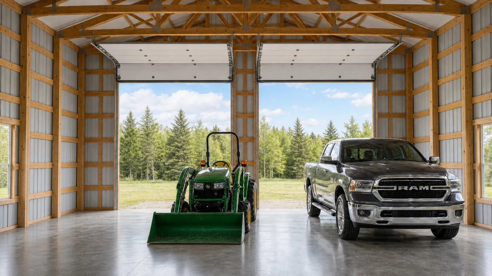 Sherman post-frame garage interior with two wide open overhead doors, a green compact tractor and a Dodge Ram pickup truck parked inside on a polished concrete slab