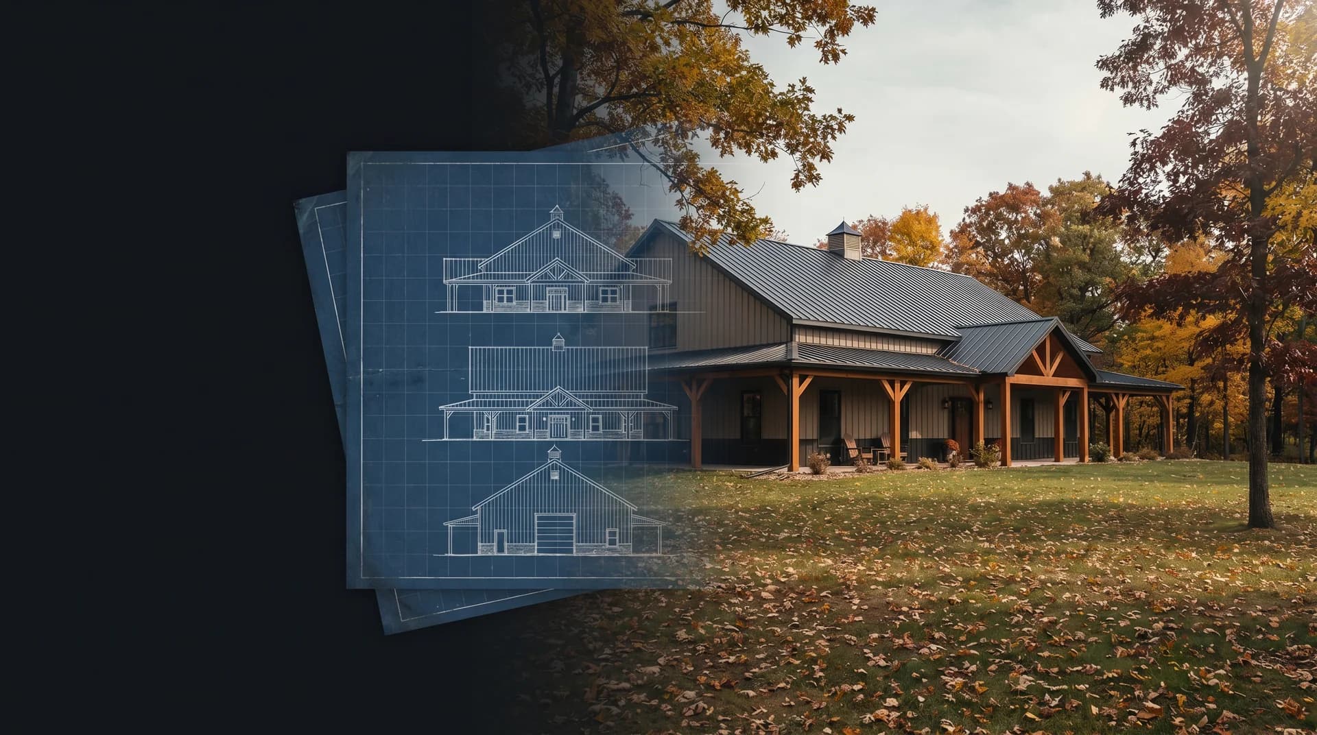 Barndominium project blueprint transitioning into a finished build
