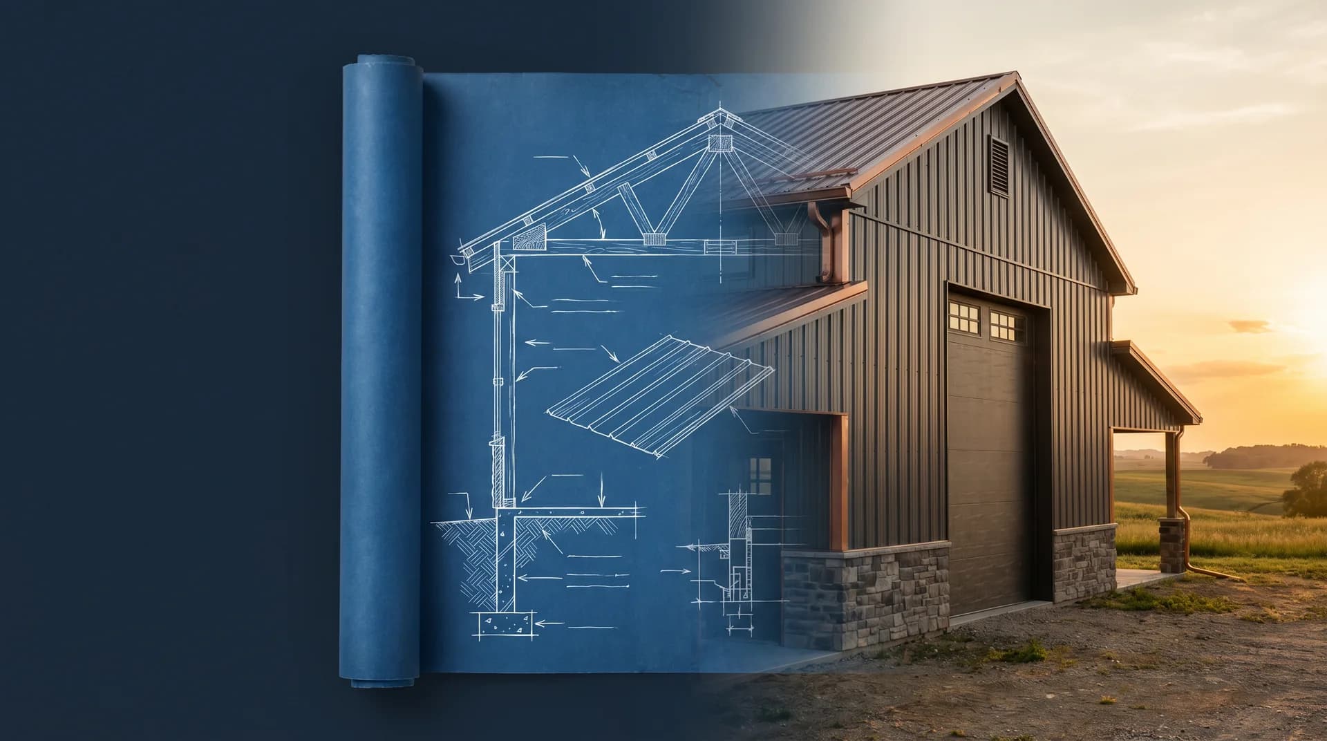 Pole building blueprint transitioning into a finished structure