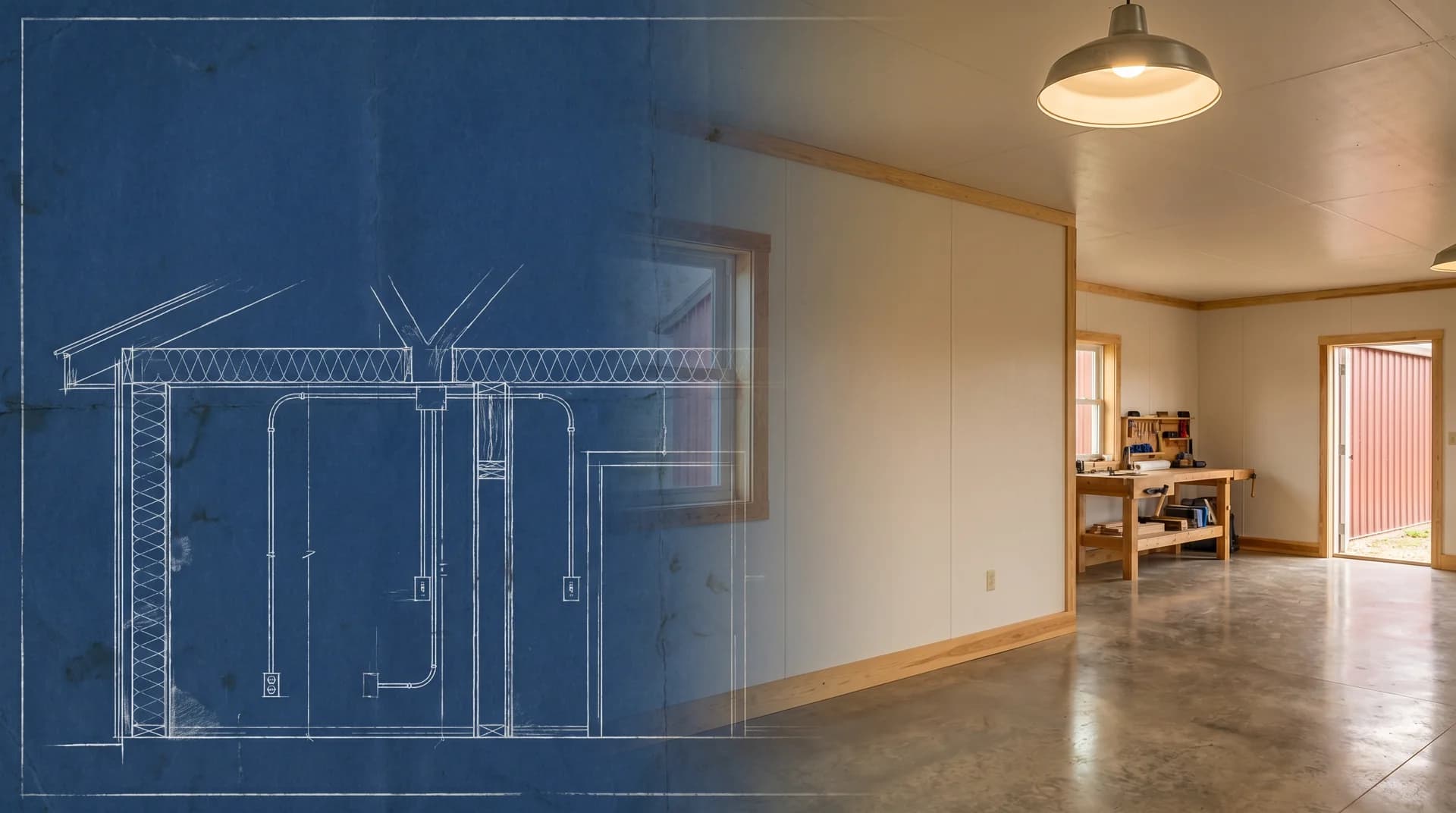 Interior blueprint transitioning into a finished pole barn interior