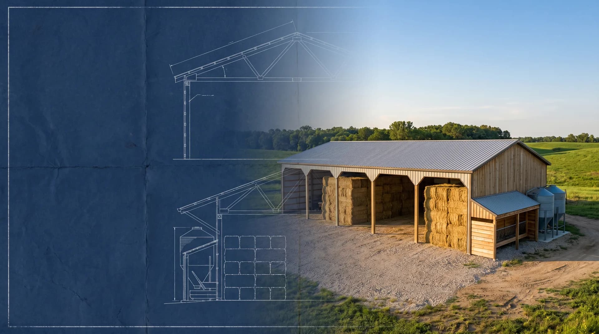 Blueprint transitioning into a finished hay and feed storage shed