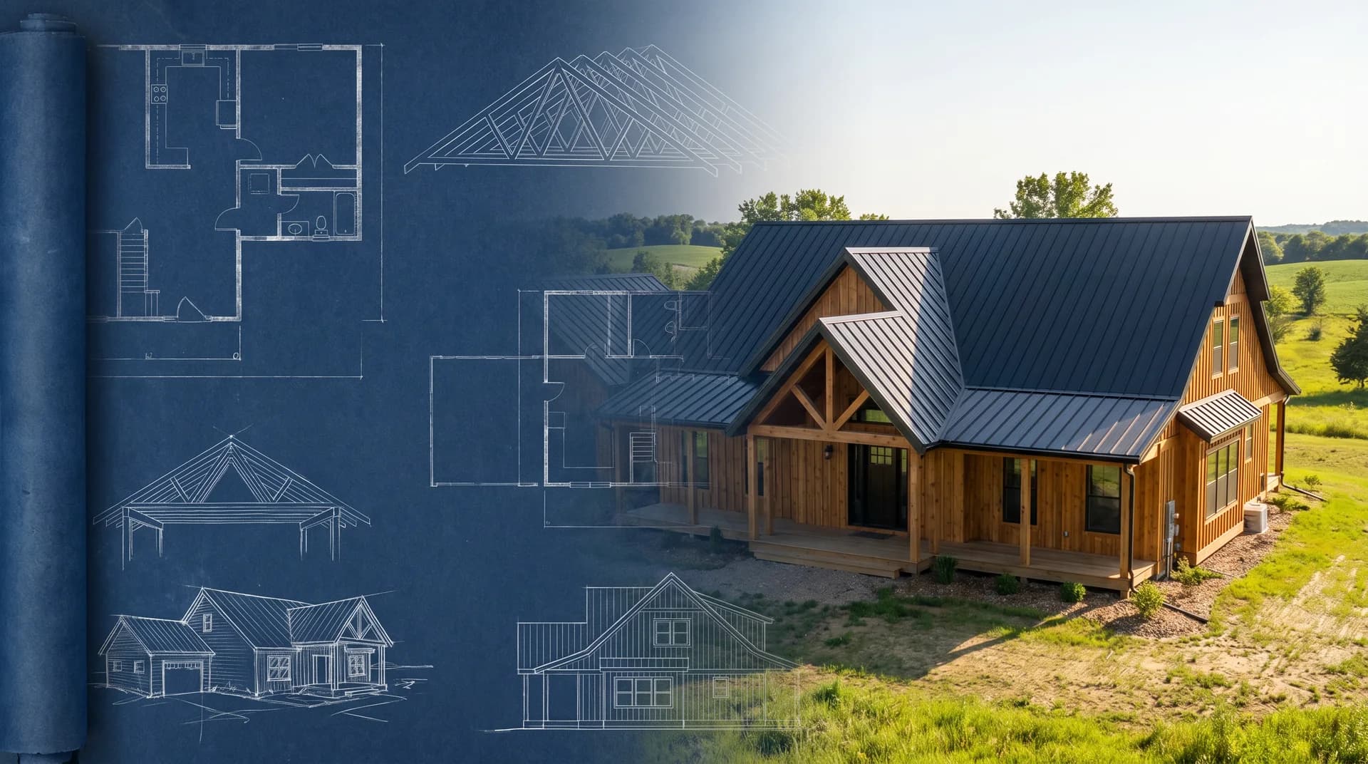 Home design blueprint transitioning into a finished post-frame home