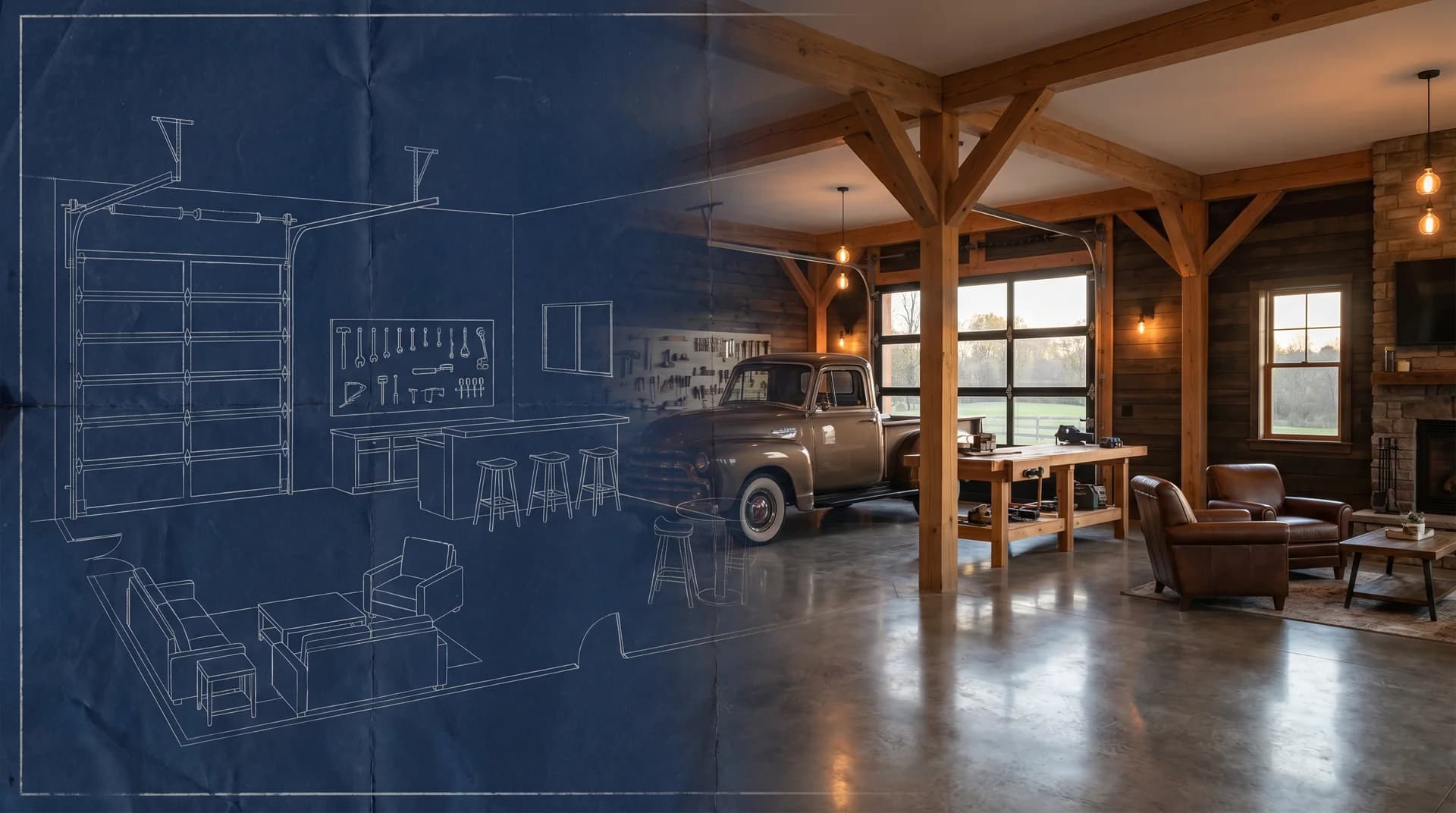 Man cave blueprint transitioning into a finished interior