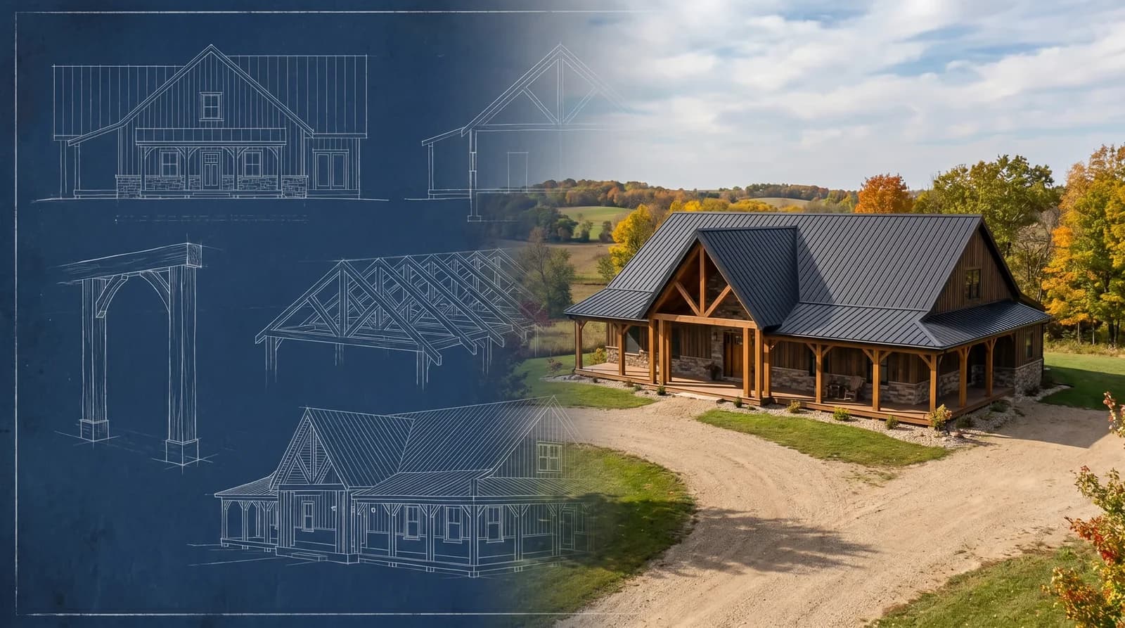Pole barn house blueprint transitioning into a finished home