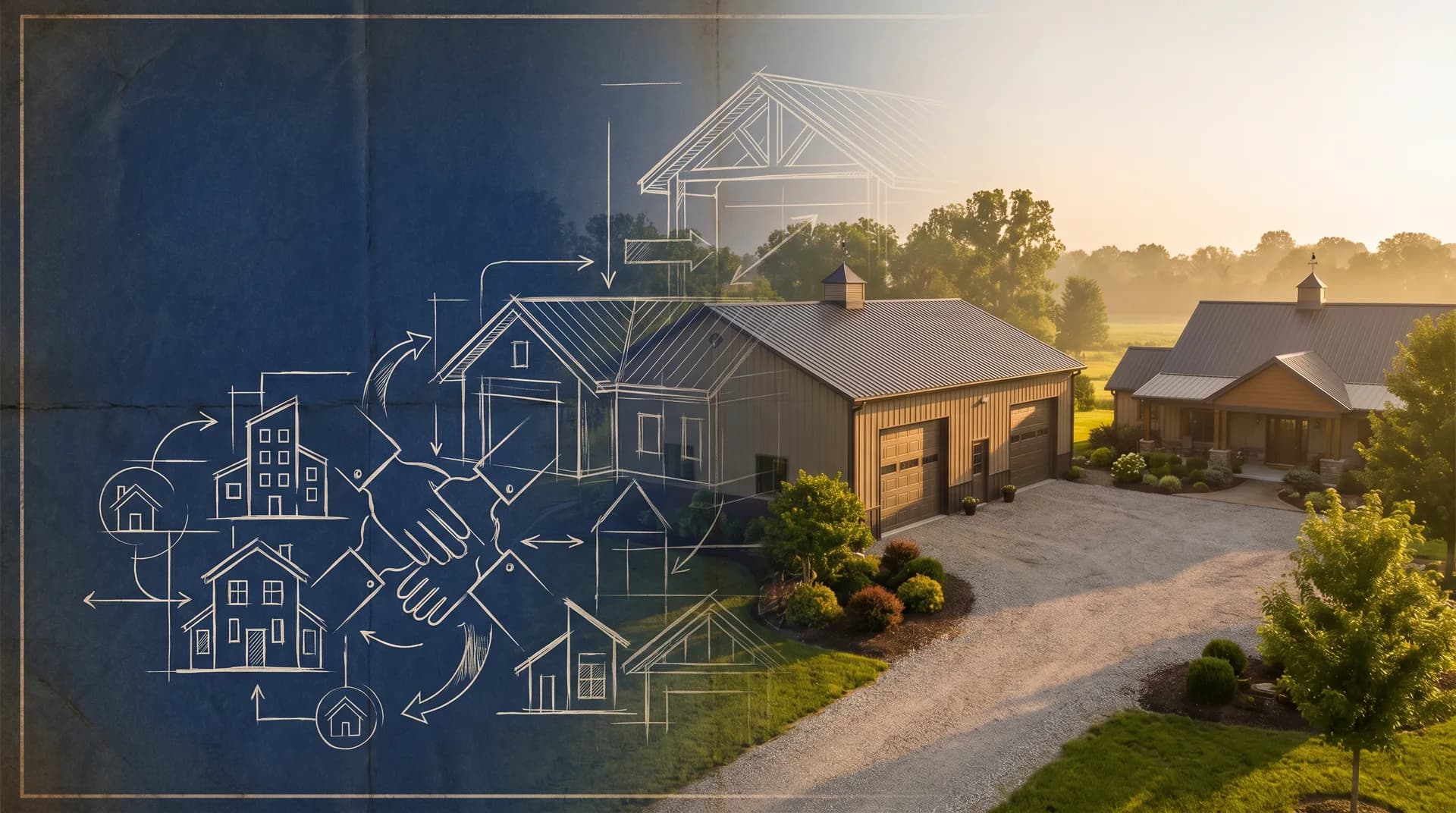 Blueprint transitioning into a finished Sherman pole building