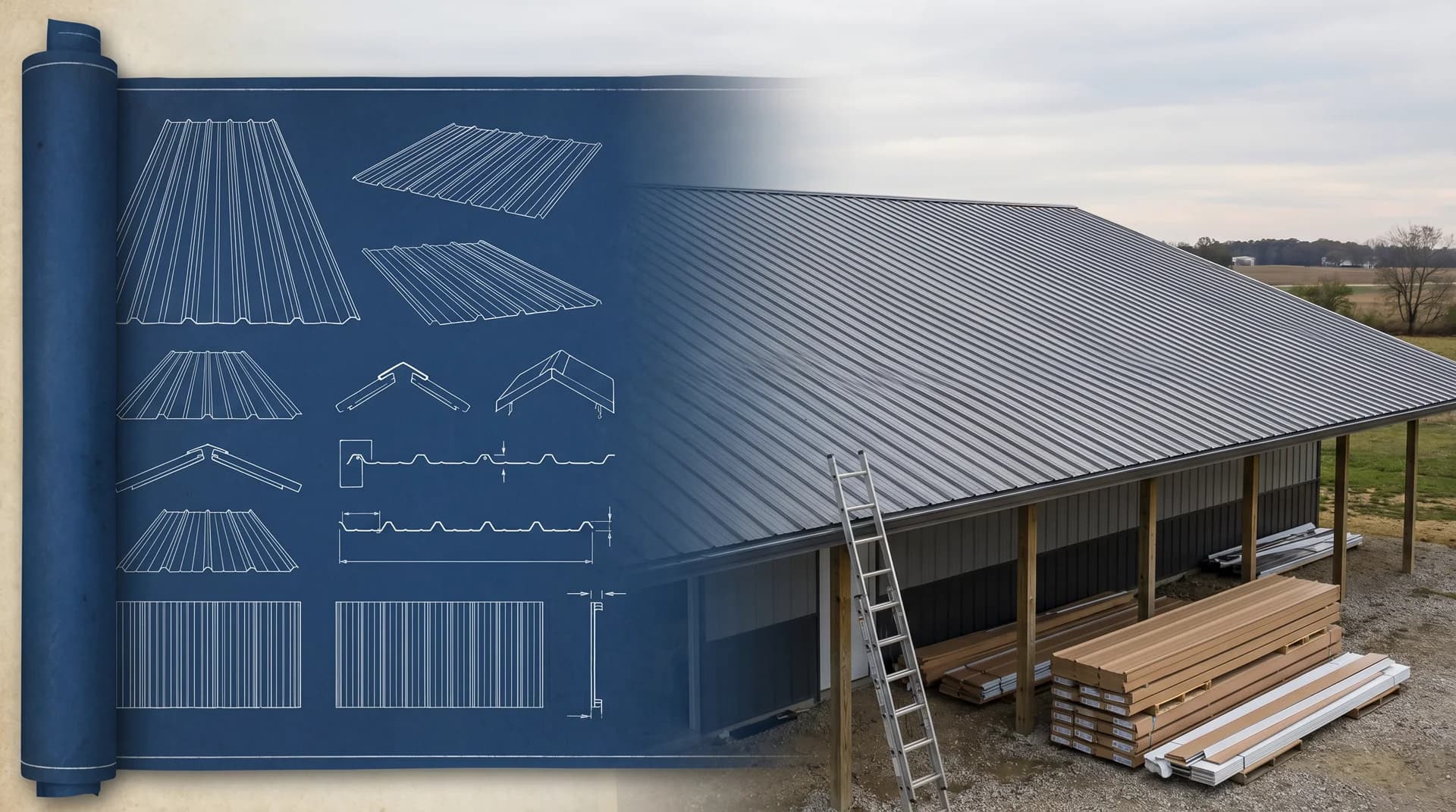 Roof blueprint transitioning into a finished pole building roof