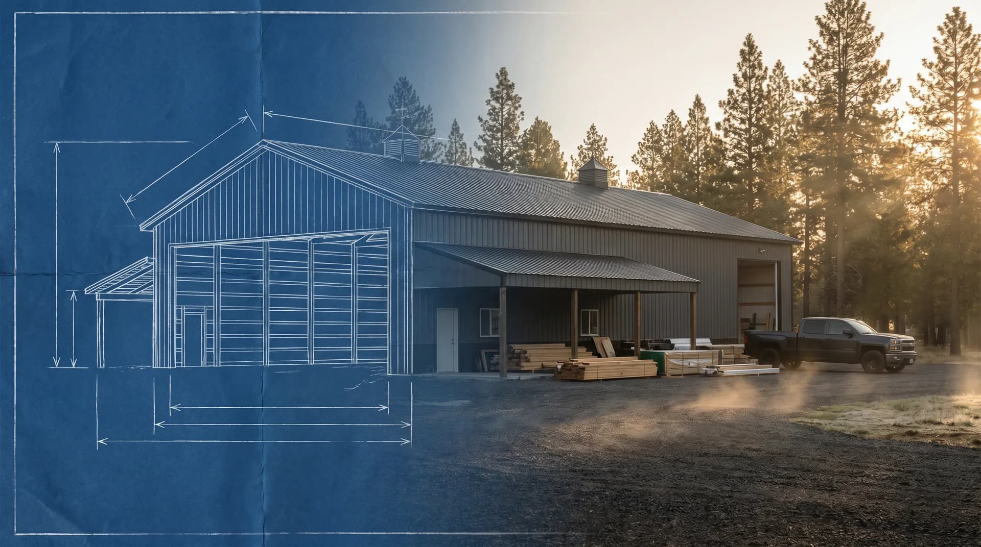 Blueprint transitioning into a finished Sherman Buildings project