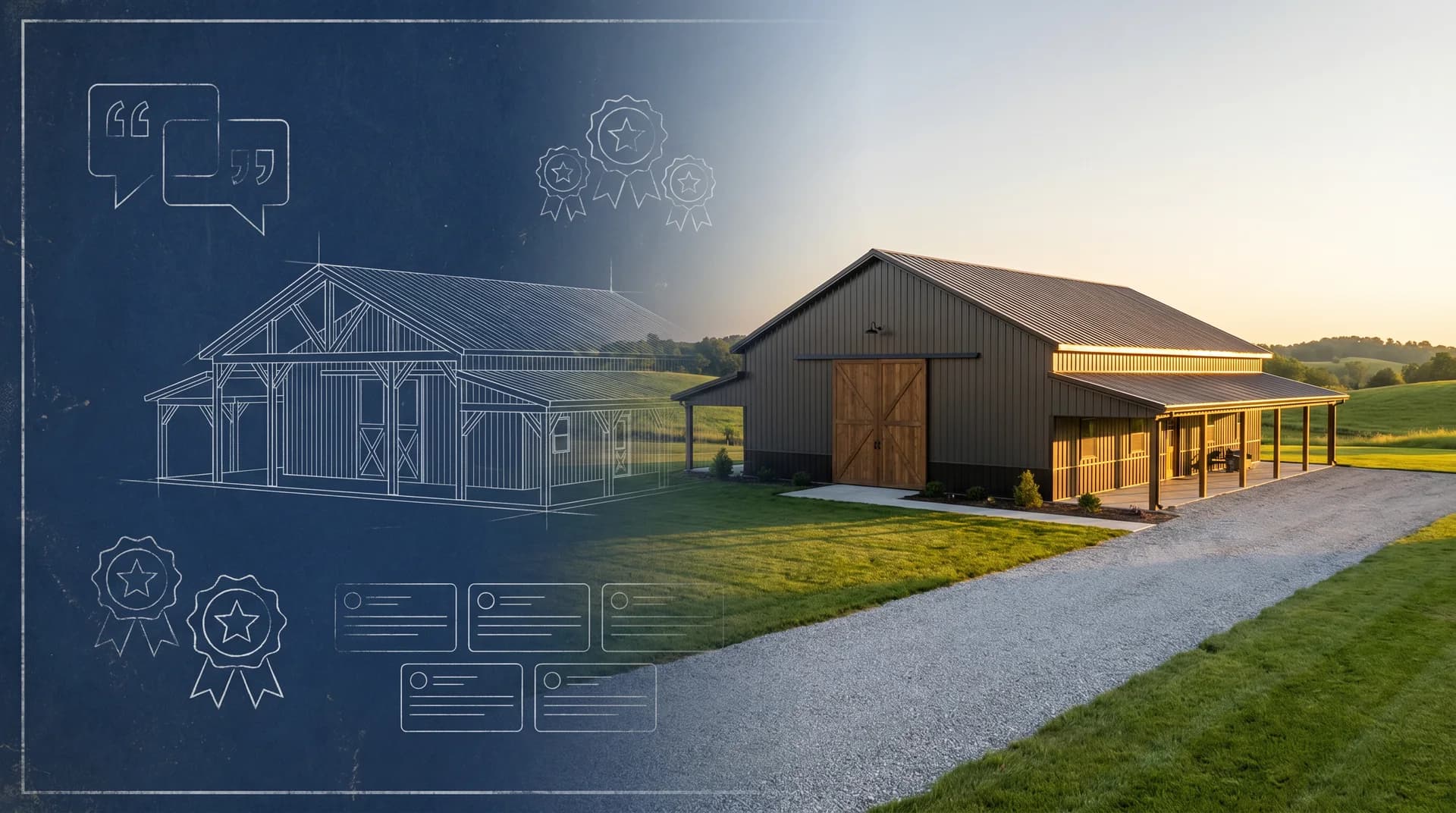 Sherman Buildings blueprint transitioning into a finished post-frame project