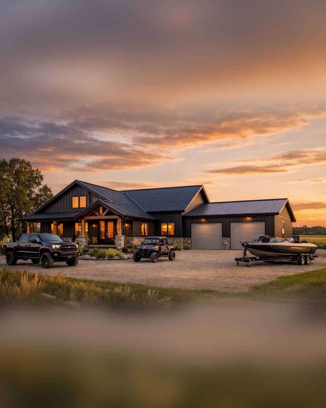 Modern farmhouse barndominium with pole shed garage at golden hour