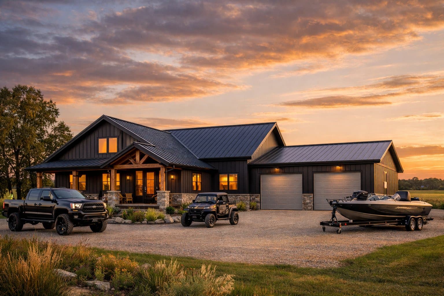 Modern farmhouse barndominium with pole shed garage at golden hour