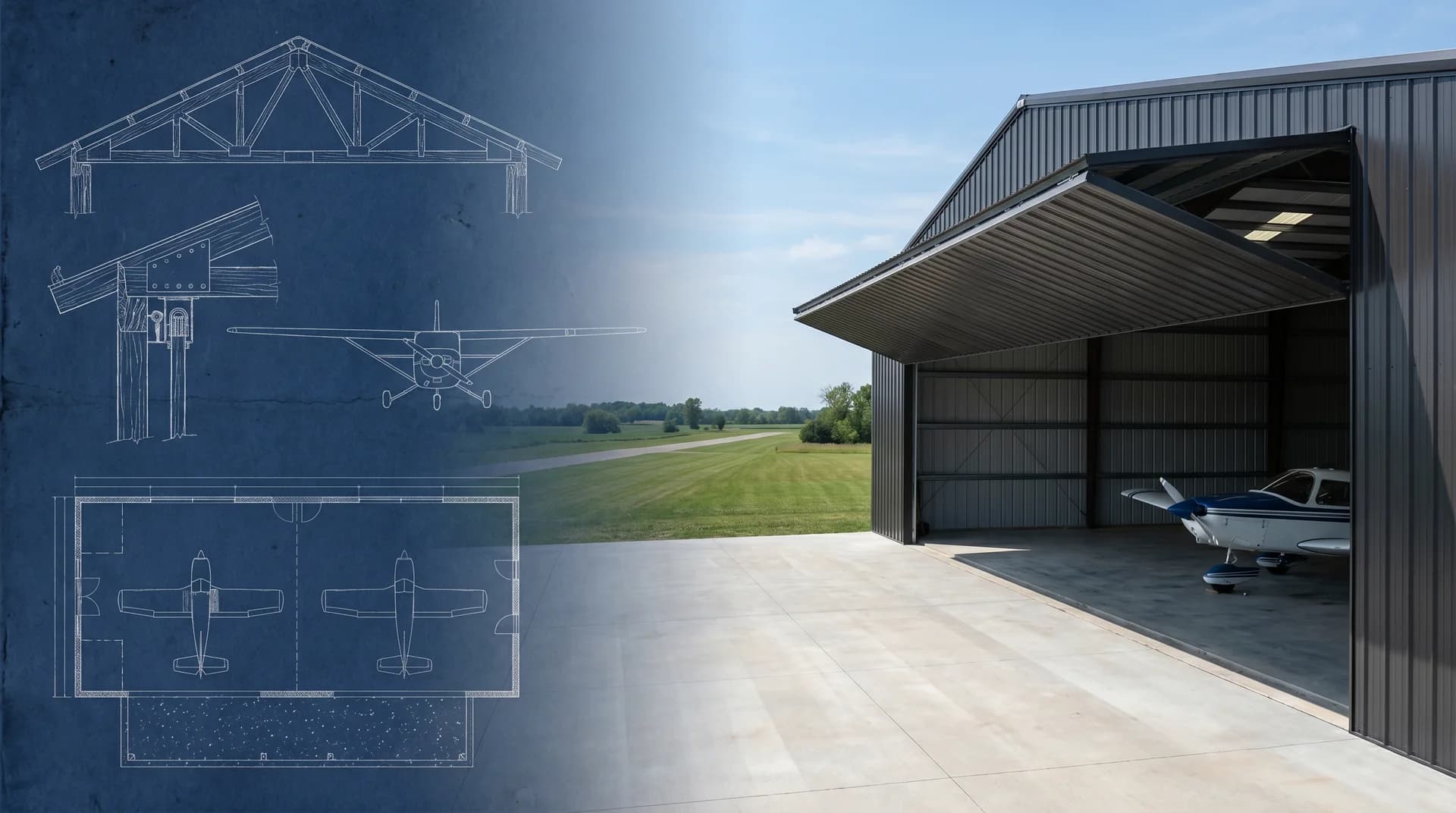 Post-frame aircraft hangar with wide-span doors by Sherman Buildings — blueprint to photoreal