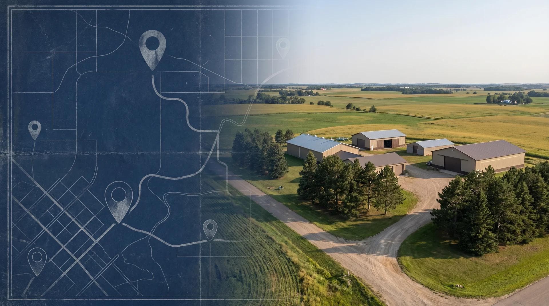 Map overlay with location pins and multiple pole buildings across a Midwest region