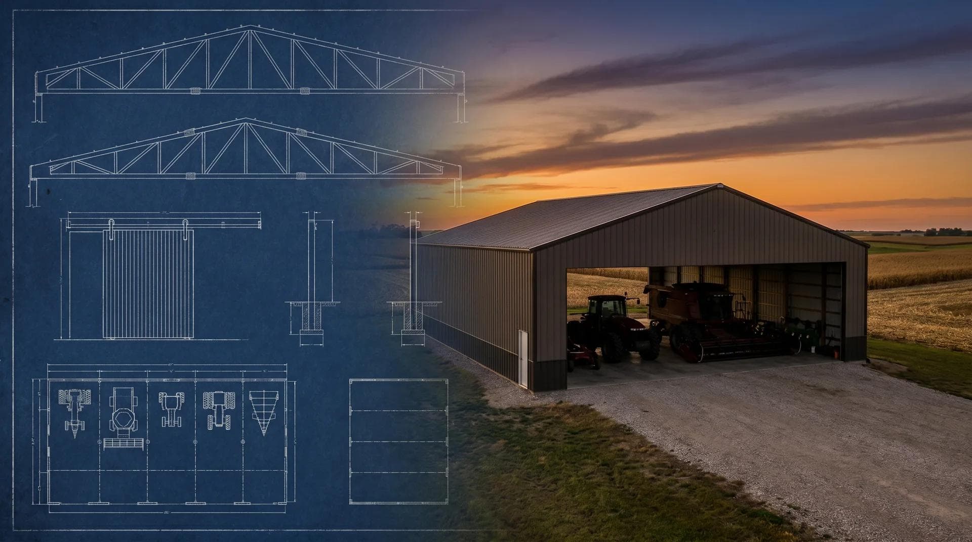 Blueprint overlay showing truss engineering and structural details on a solid Midwest machine shed