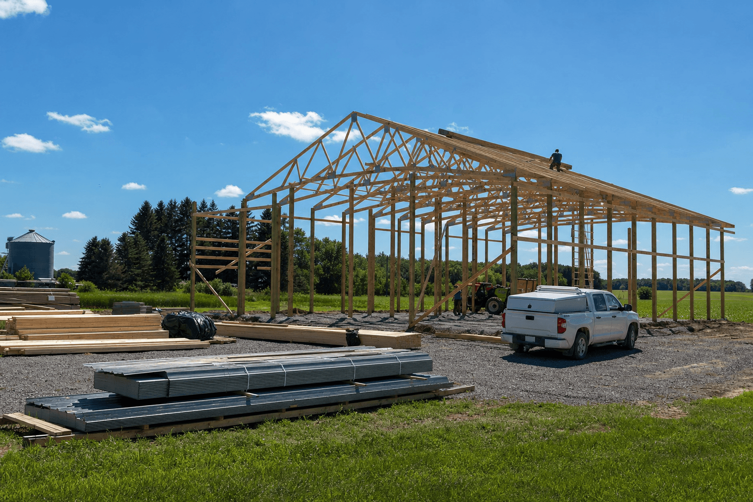 A 40x60 Minnesota pole barn mid-construction on a clear summer day, with engineered wooden roof trusses set on treated wood posts and materials staged on a gravel pad.