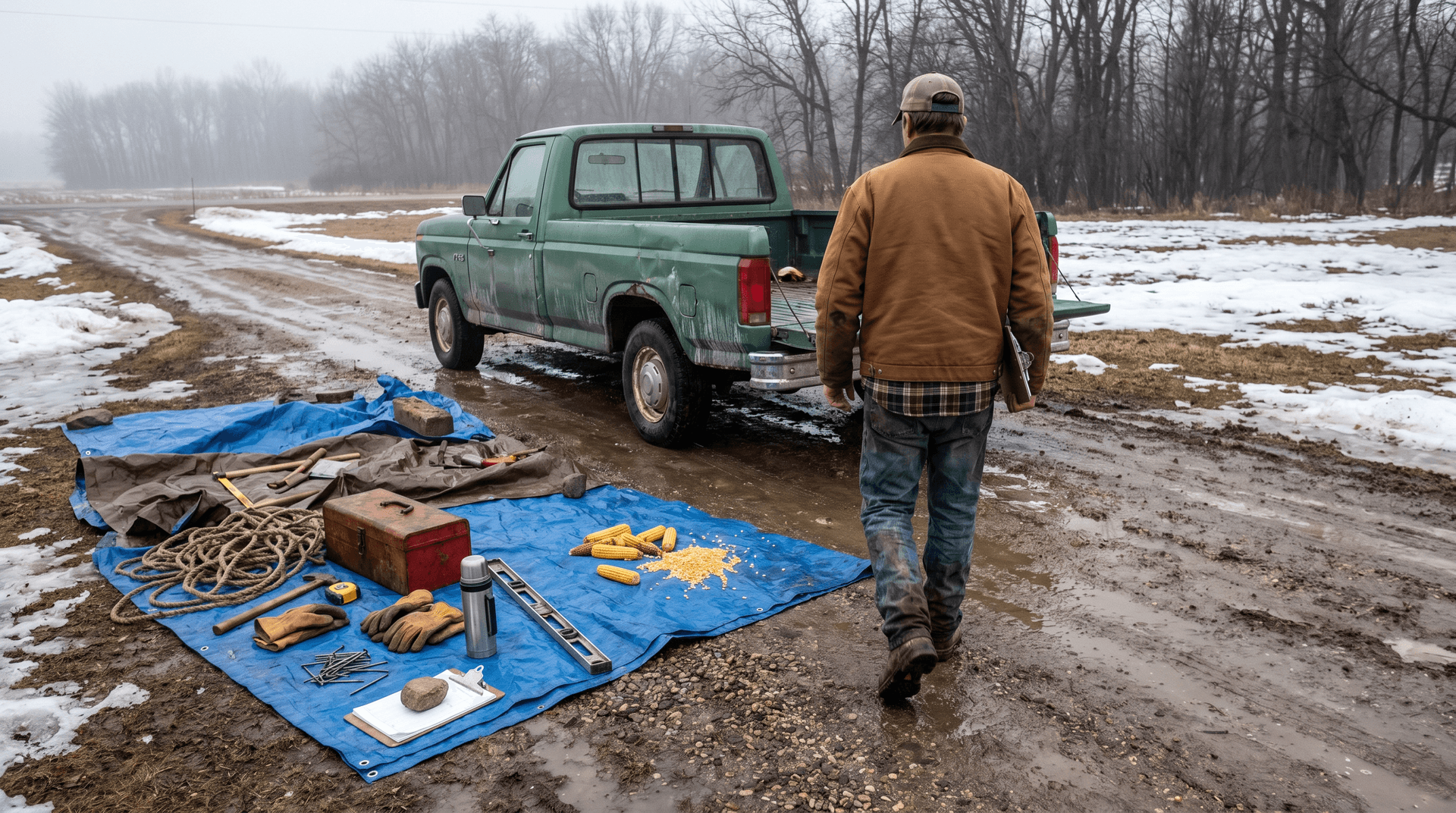 Glen Blamstead standing next to his famously messy work truck in spring